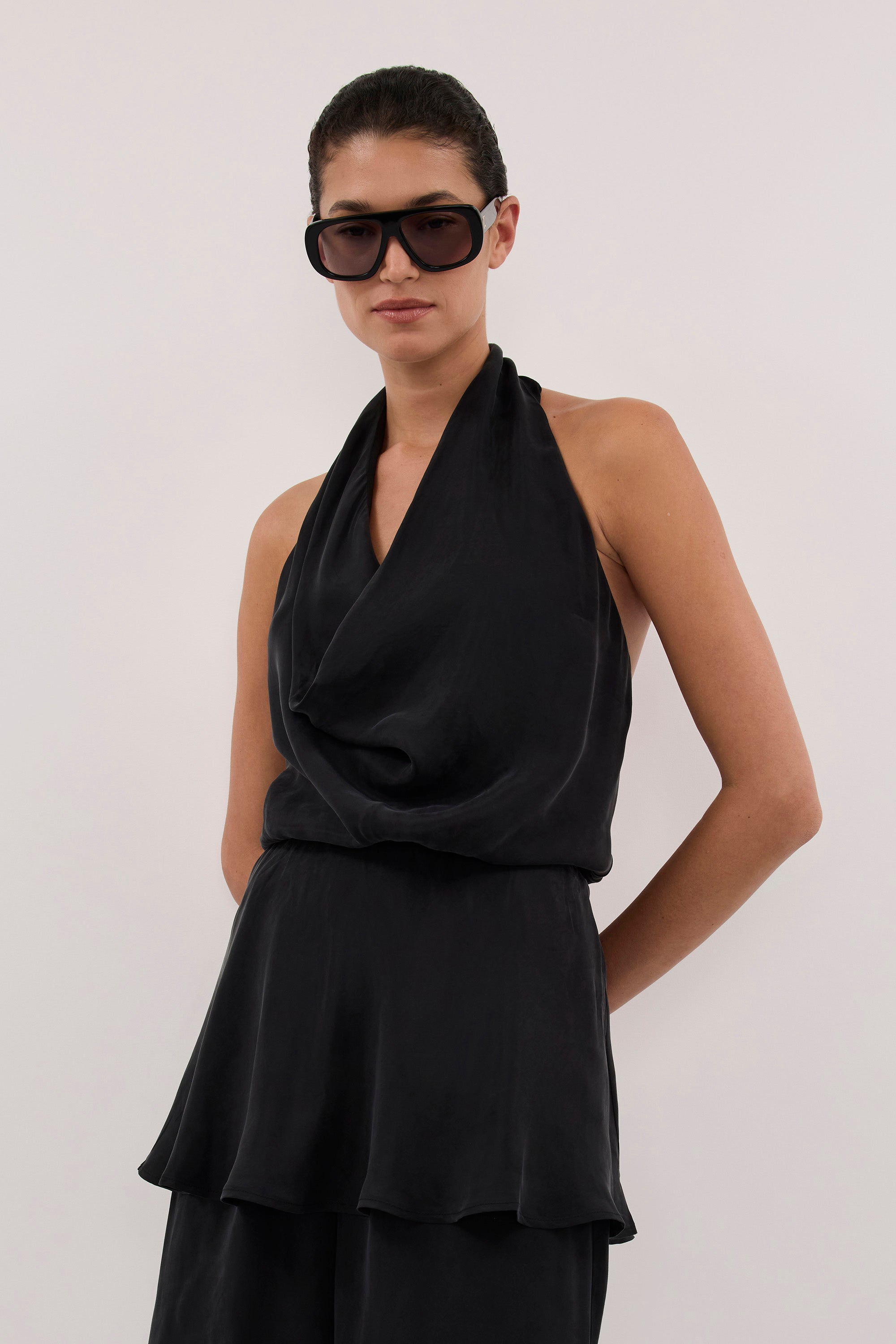 ADELE BLACK CUPRO COWL NECK TOP