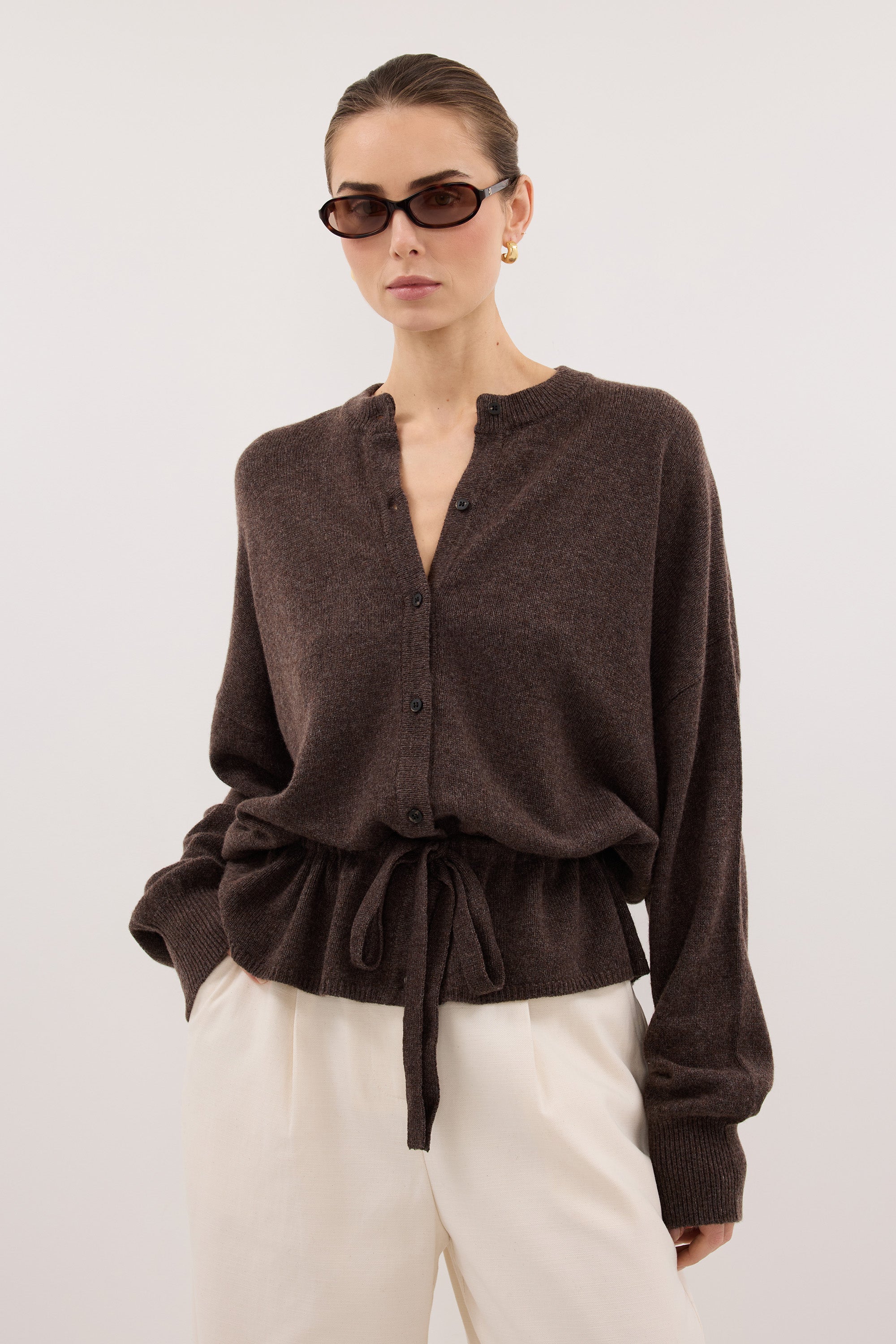 SAILOR CHOC MARLE BELTED CARDIGAN