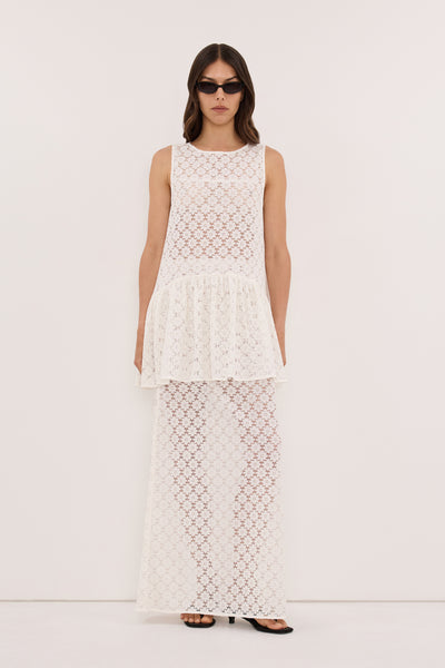 Helena  wearing RENATA WHITE LACE DROP WAIST TOP