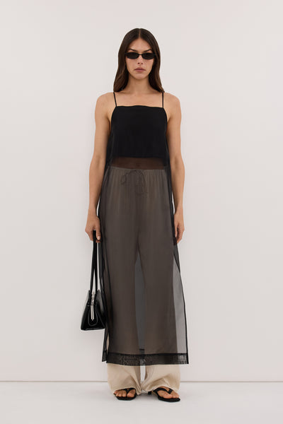 Helena  wearing SIAN BLACK SILK ORGANZA TUNIC TOP