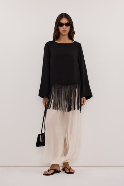 Helena  wearing FIORA BLACK FRINGE LONG SLEEVE TOP - PRE ORDER