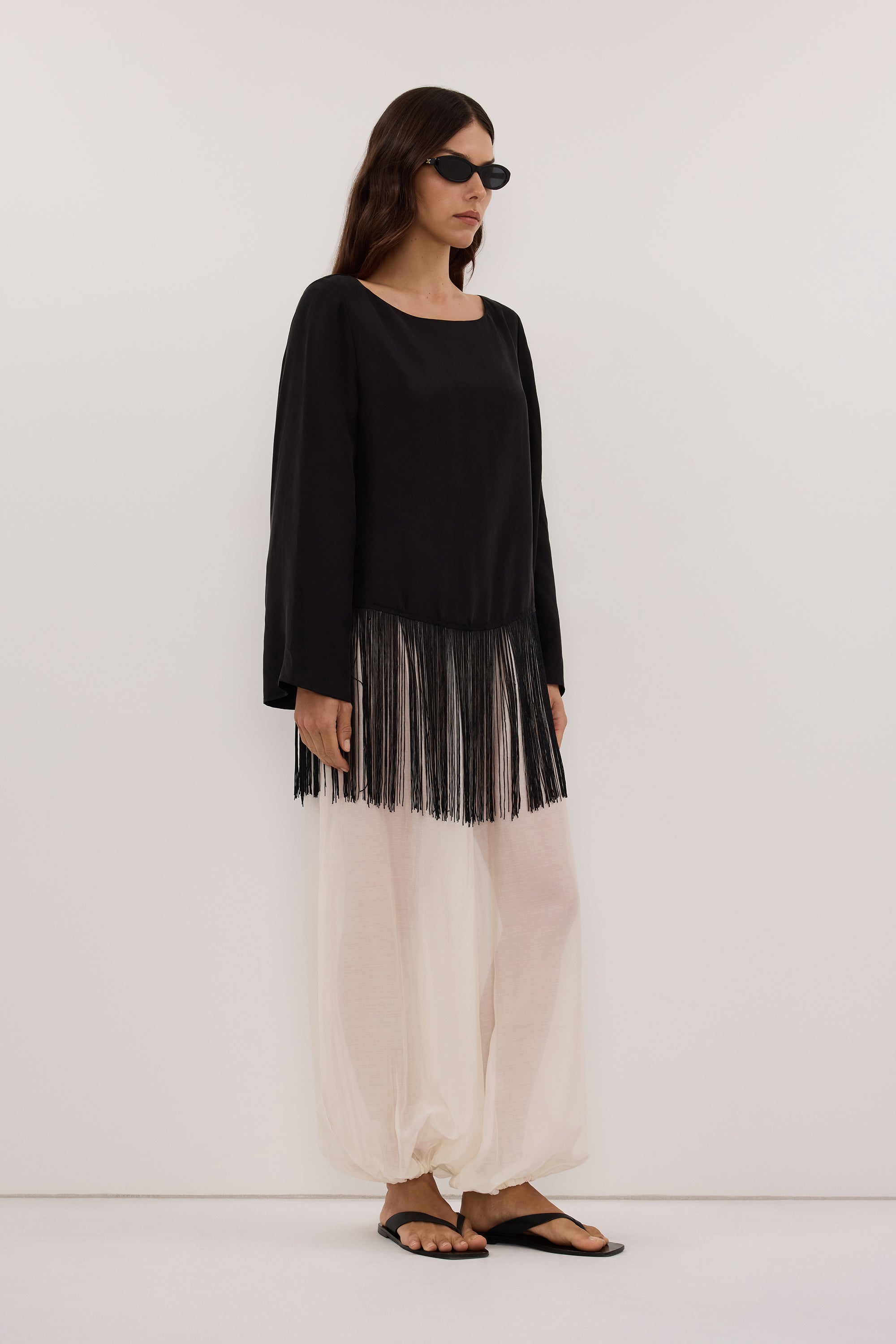 FIORA BLACK FRINGE LONG SLEEVE TOP - PRE ORDER