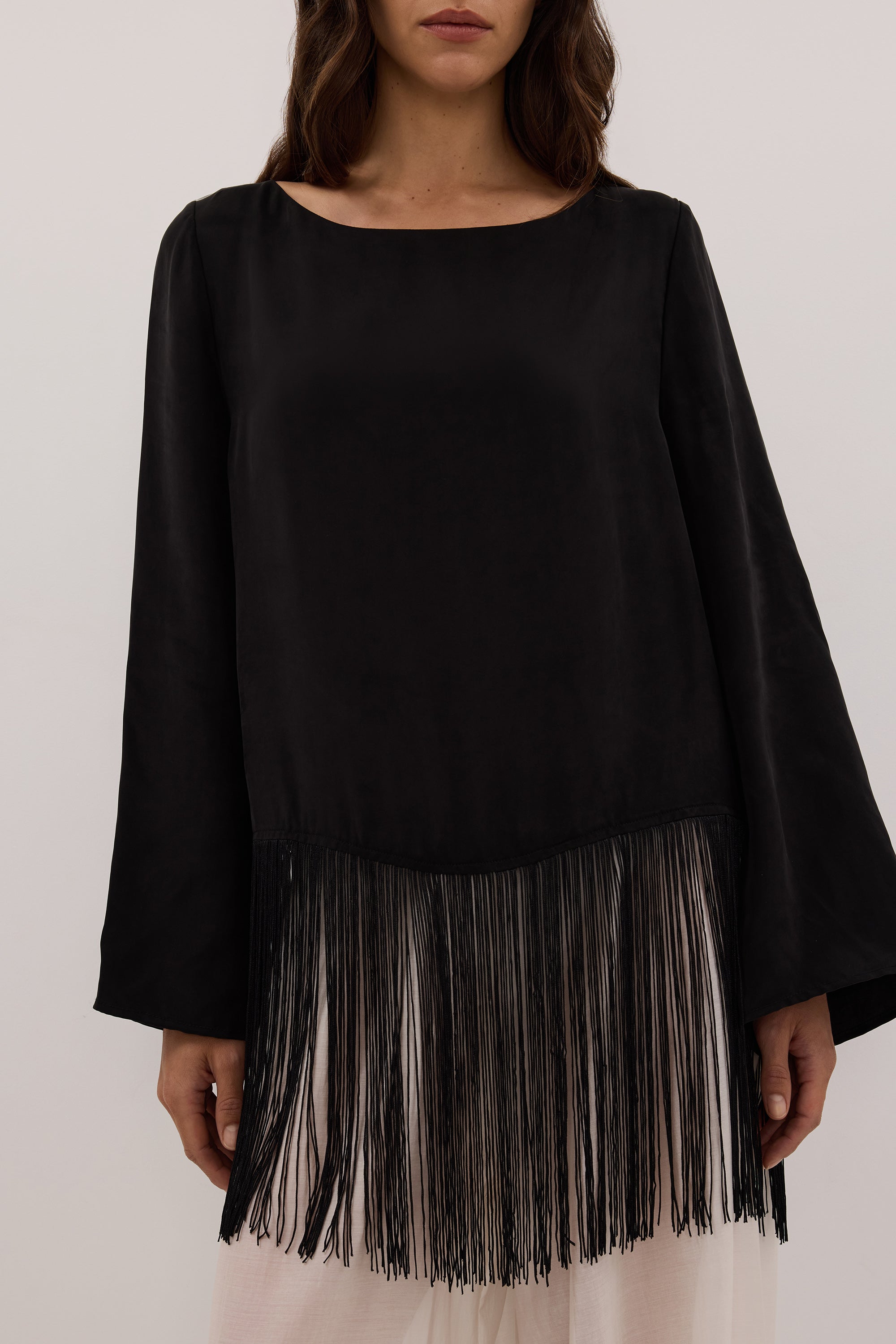 FIORA BLACK FRINGE LONG SLEEVE TOP - PRE ORDER