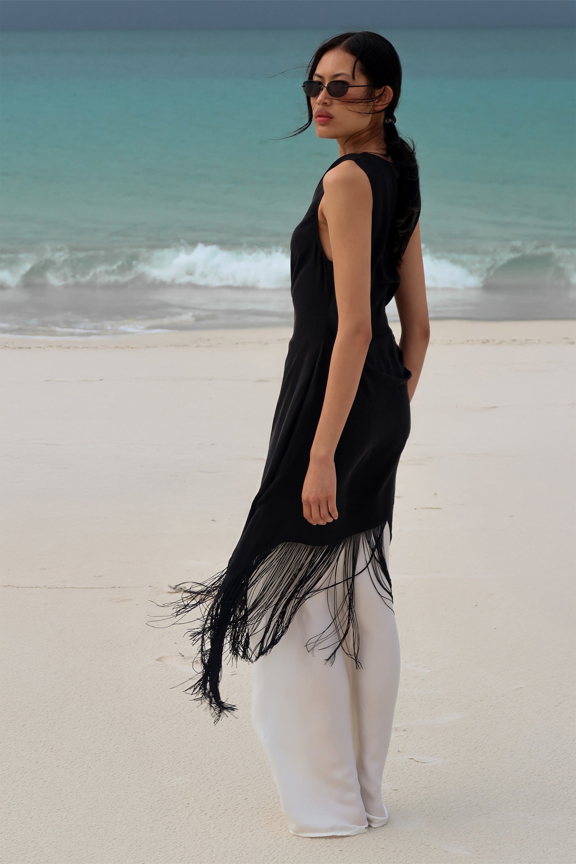 FIORA BLACK FRINGE ASYM TOP