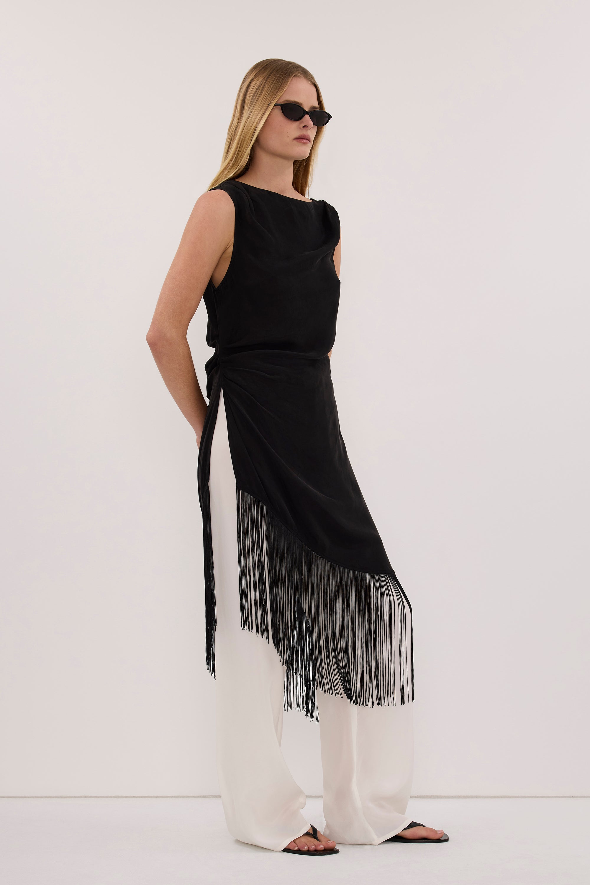 FIORA BLACK FRINGE ASYM TOP
