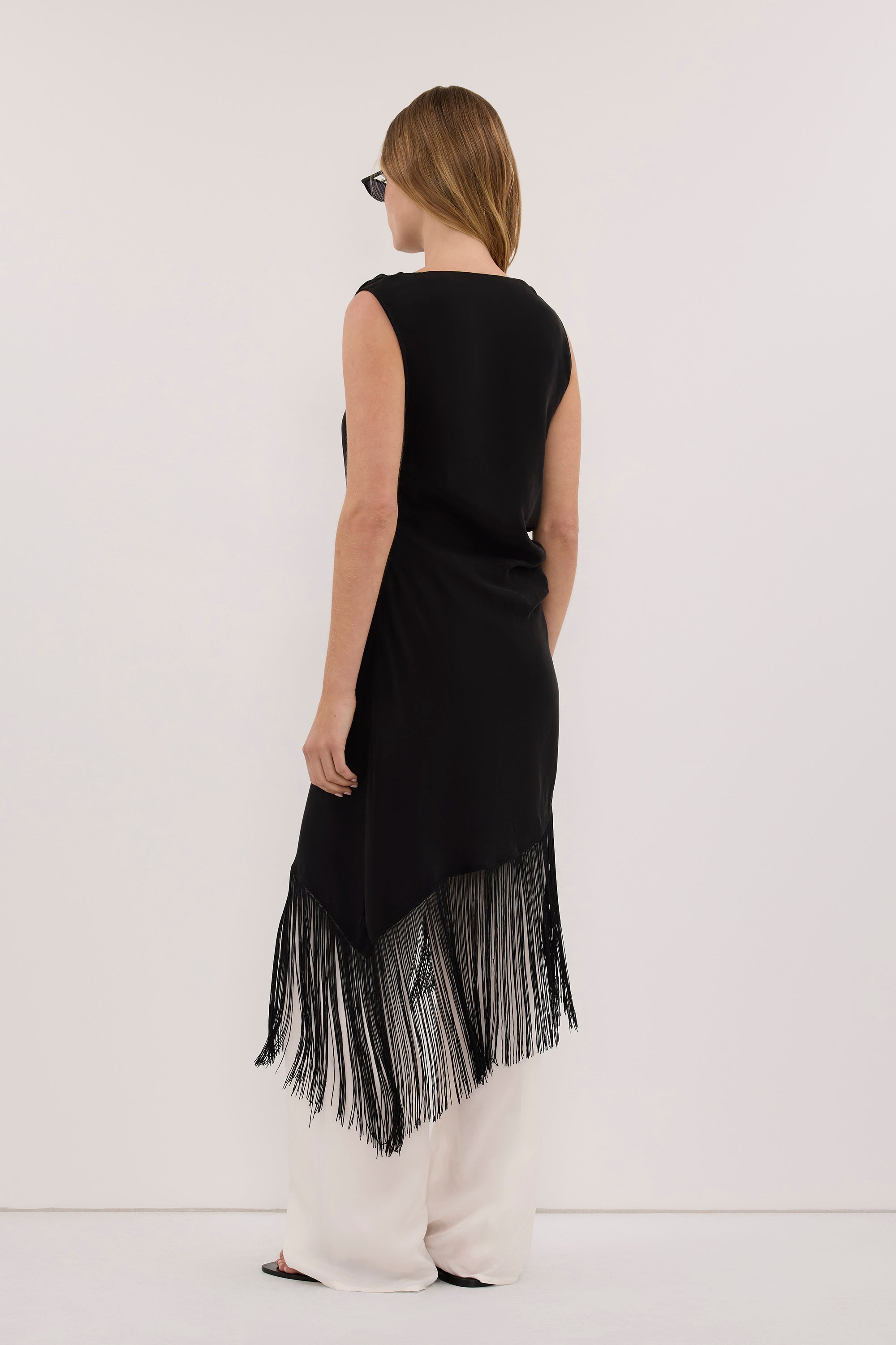 FIORA BLACK FRINGE ASYM TOP