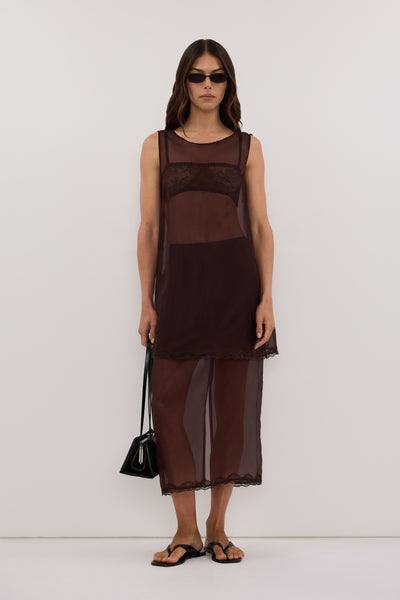 Helena  wearing RAPHAEL DARK CHOC SILK ORGANZA TOP - PRE ORDER