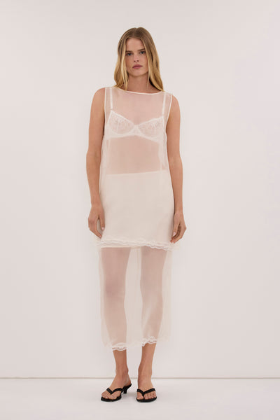 Zoe wearing RAPHAEL IVORY SILK ORGANZA TOP