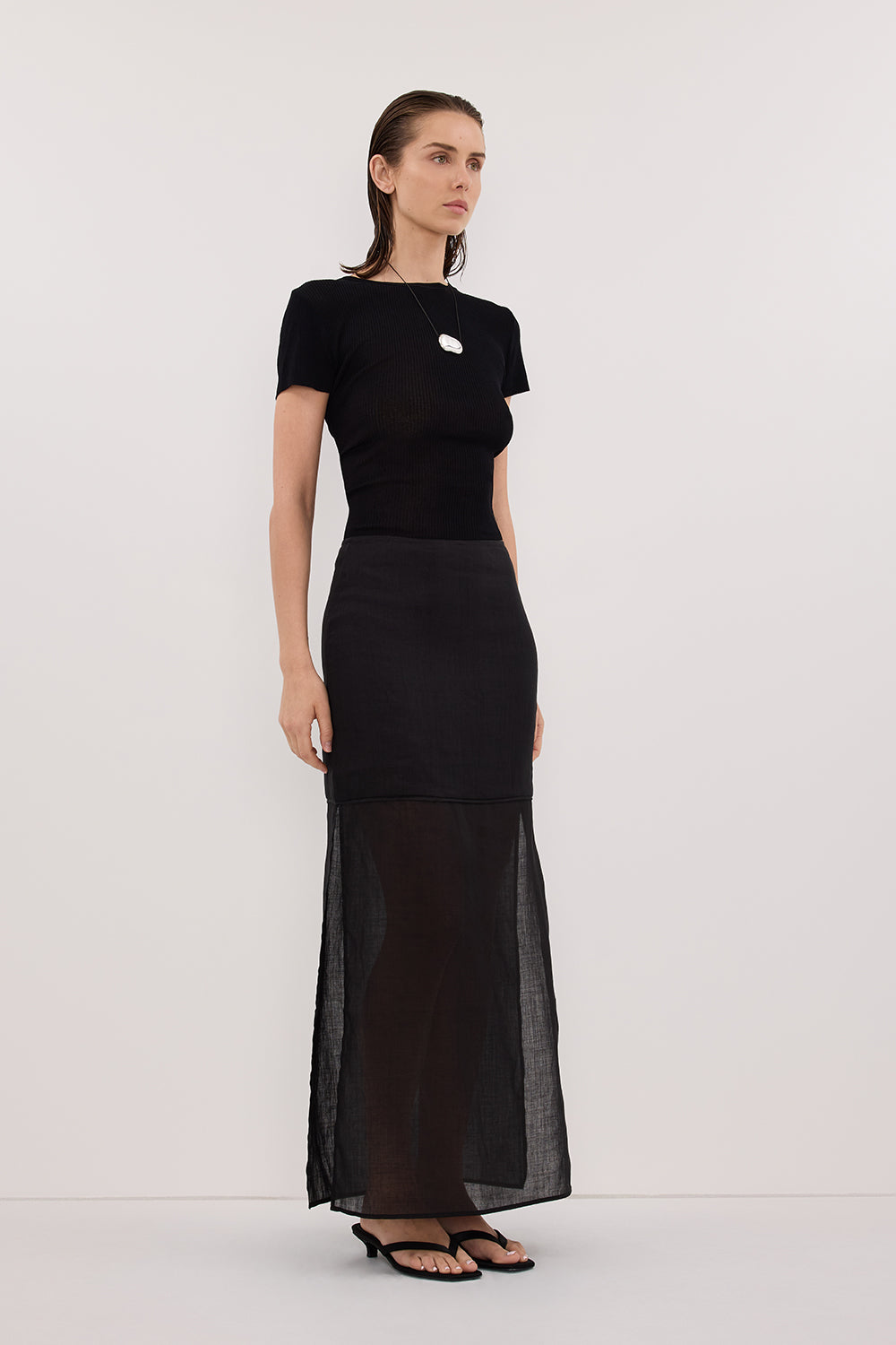KAI BLACK RAMIE MIDI SKIRT