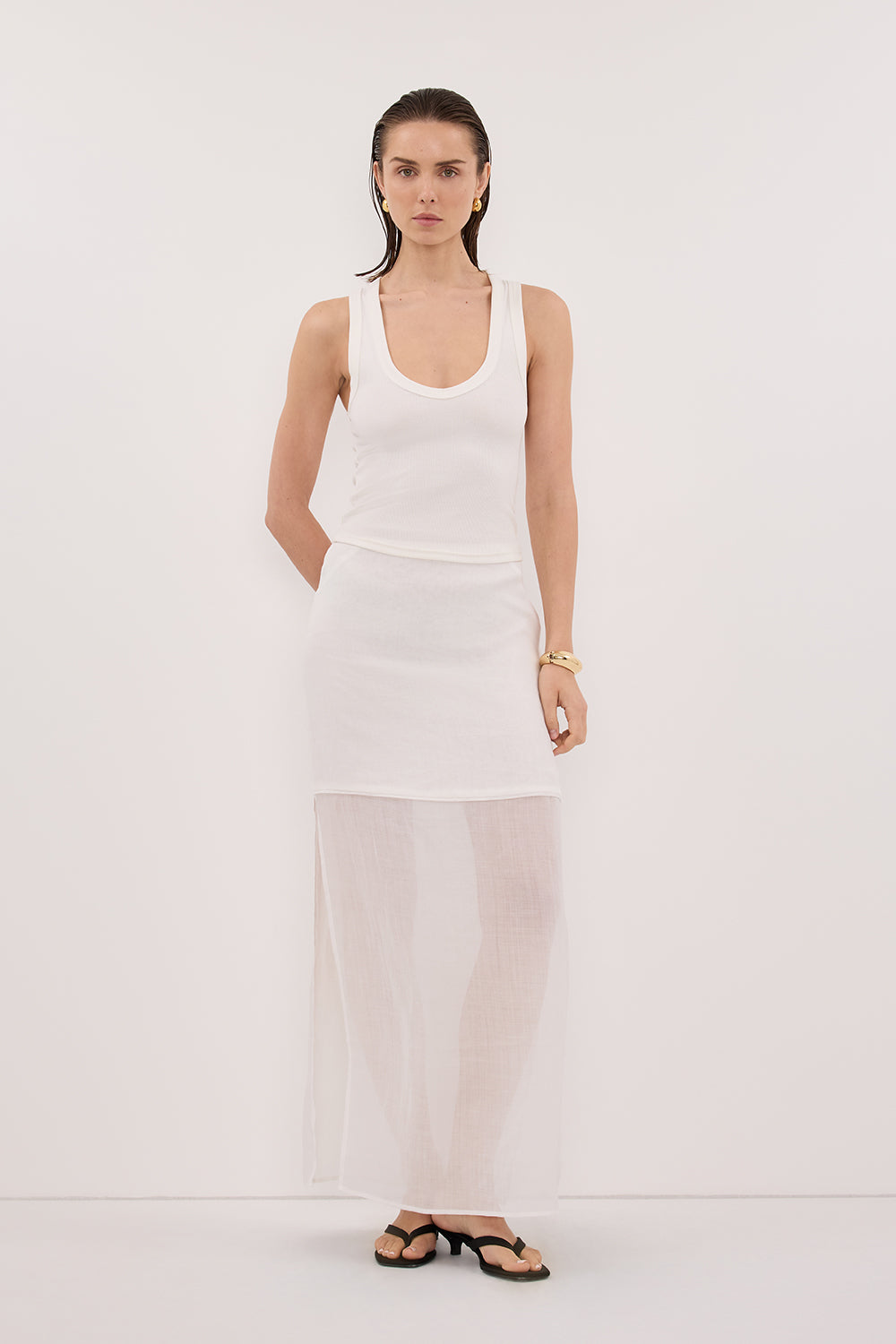 KAI WHITE RAMIE MIDI SKIRT