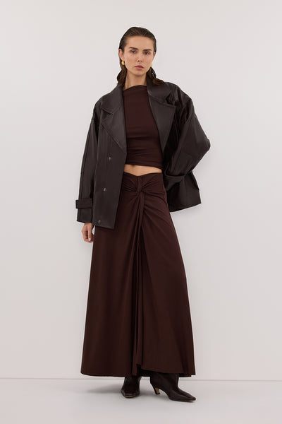 Stas wearing HADLEY CHOC TWIST MIDI SKIRT