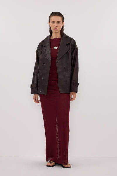 Stas wearing NYRA WINE COLUMN MIDI SKIRT