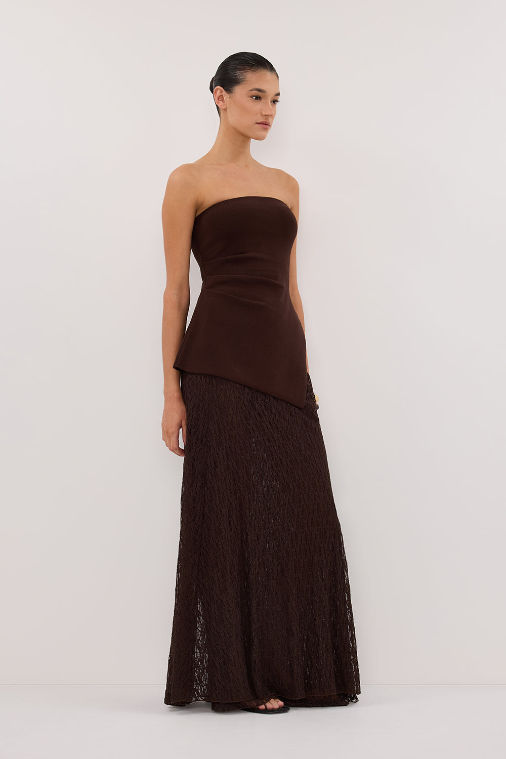 LIZZIE DARK CHOC LAYERED LACE MIDI SKIRT DISSH LIZZIE DARK CHOC LAYERED LACE MIDI SKIRT DISSH