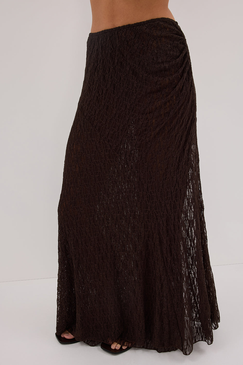 LIZZIE DARK CHOC LAYERED LACE MIDI SKIRT – DISSH