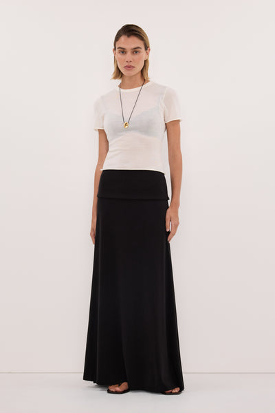 Joanna wearing JULIE BLACK MODAL BLEND MAXI SKIRT