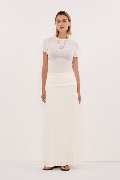 Joanna wearing JULIE OFF WHITE MODAL BLEND MAXI SKIRT