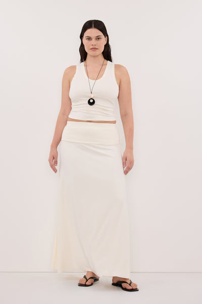 Jasmine wearing JULIE OFF WHITE MODAL BLEND MAXI SKIRT