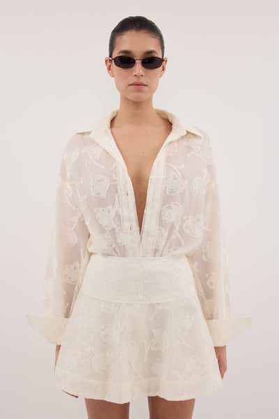 Carol wearing AZALEA OFF WHITE JACQUARD MINI SKIRT