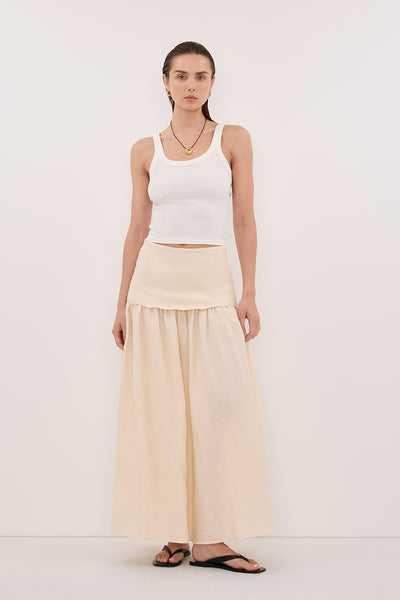 Stas wearing LELA SANDSTONE FOLDOVER LINEN MIDI SKIRT