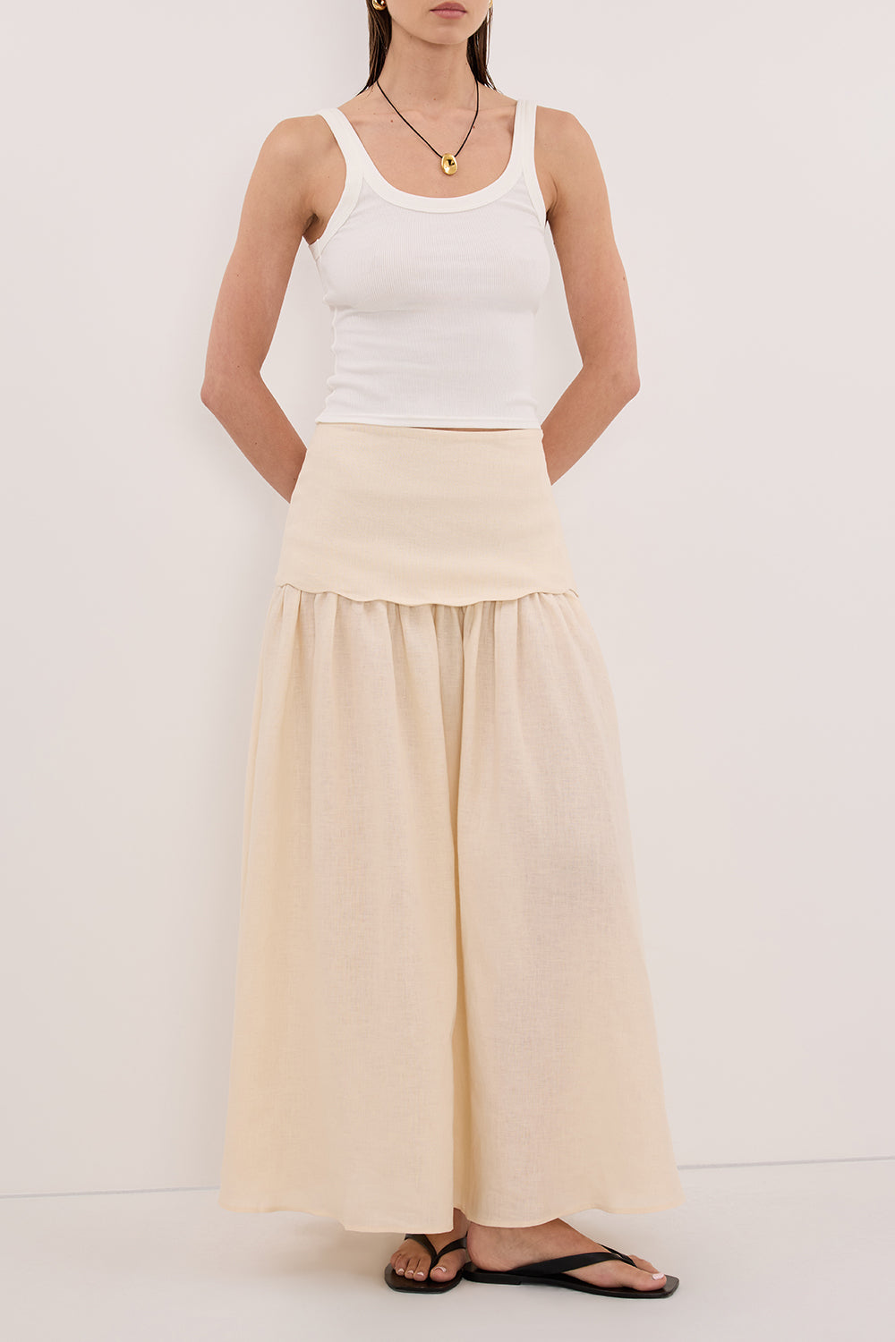 LELA SANDSTONE FOLDOVER LINEN MIDI SKIRT