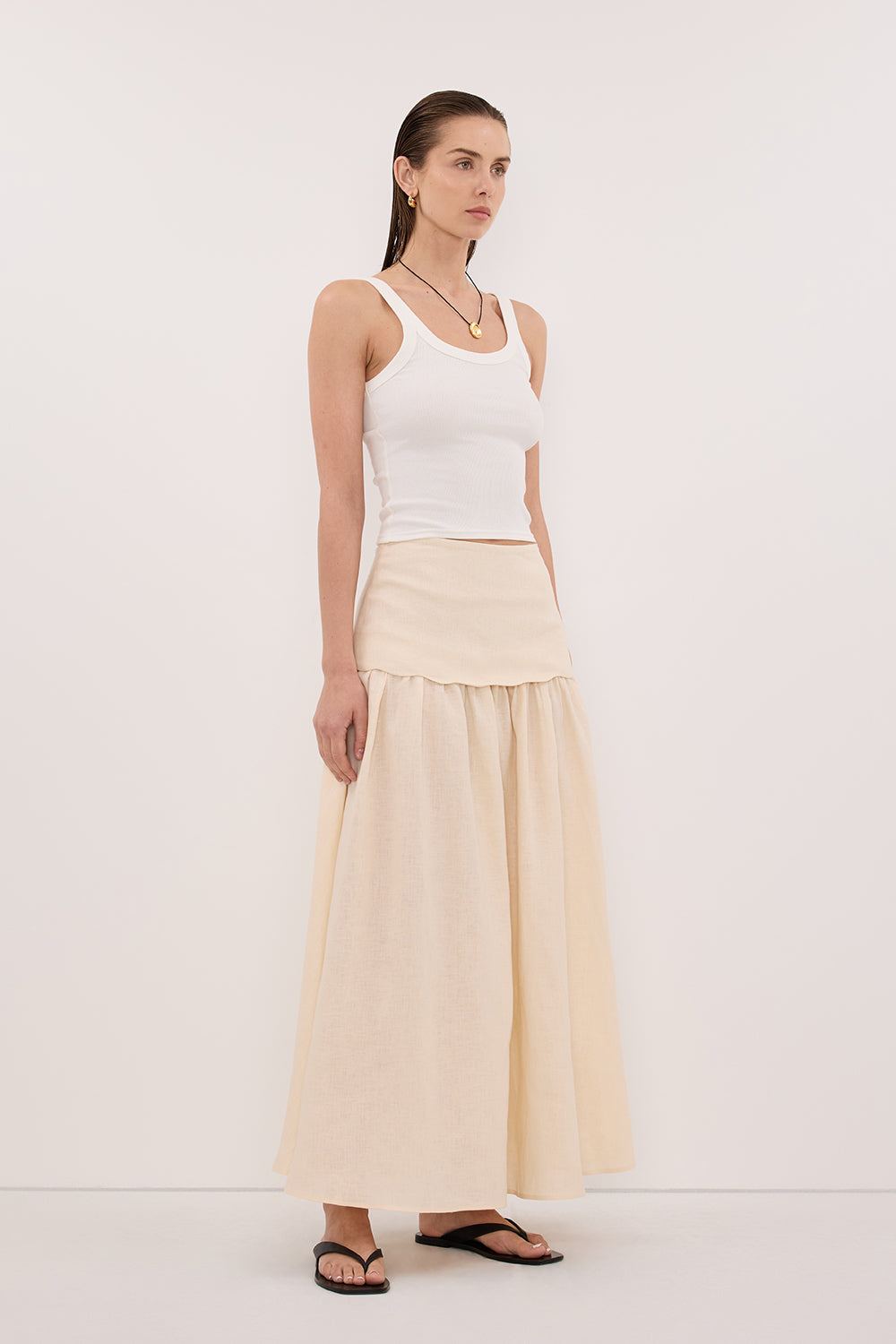 LELA SANDSTONE FOLDOVER LINEN MIDI SKIRT