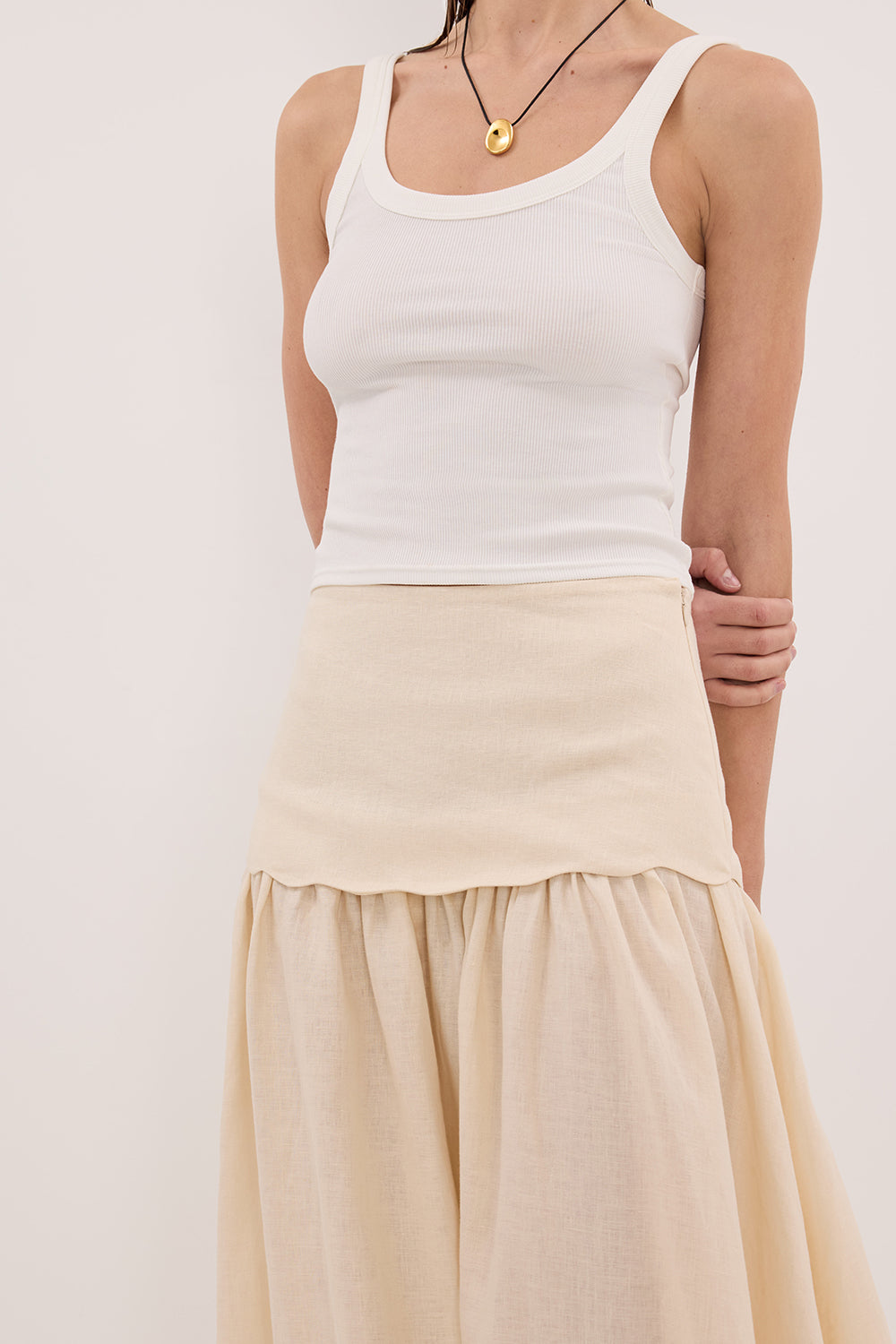LELA SANDSTONE FOLDOVER LINEN MIDI SKIRT