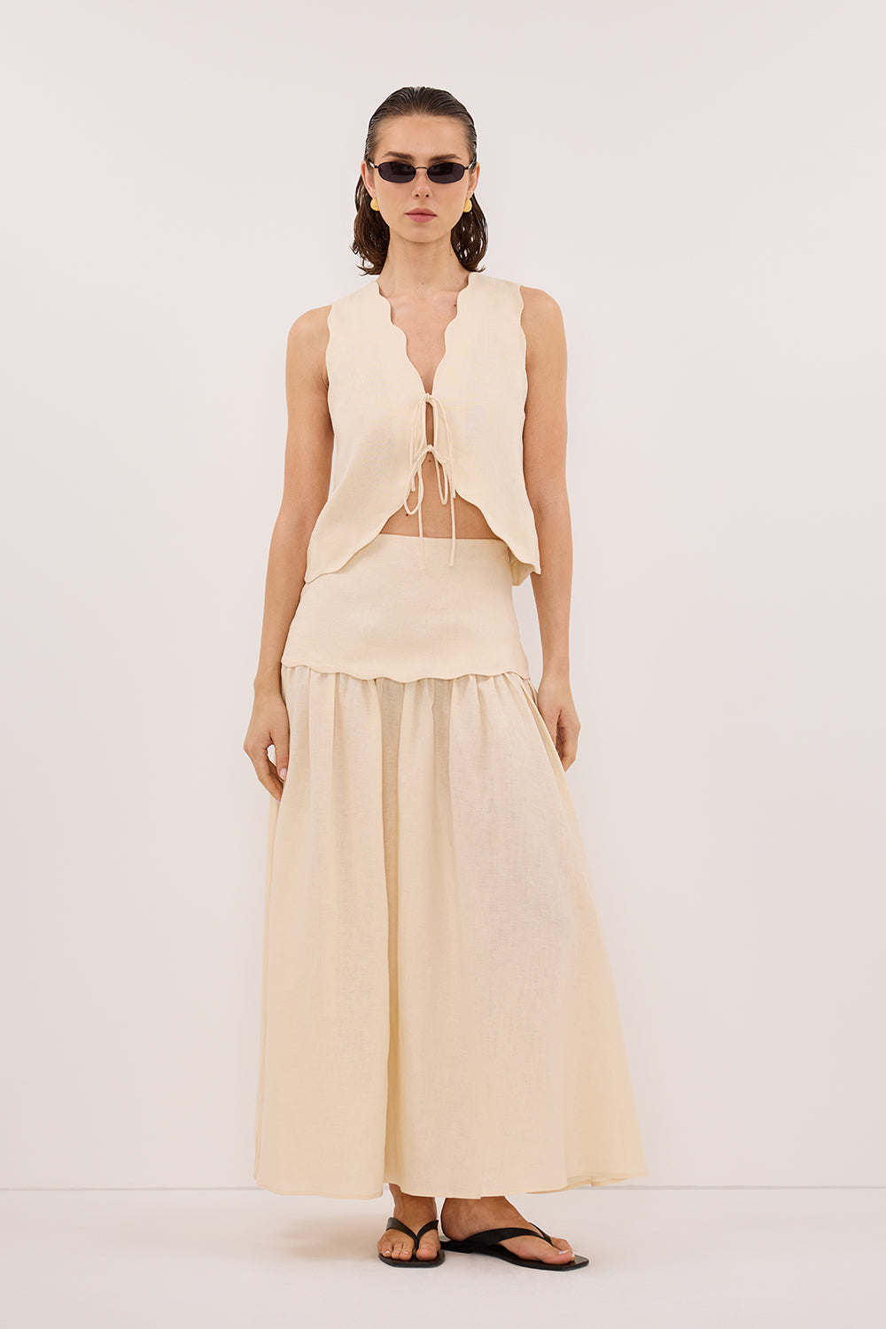 LELA SANDSTONE FOLDOVER LINEN MIDI SKIRT