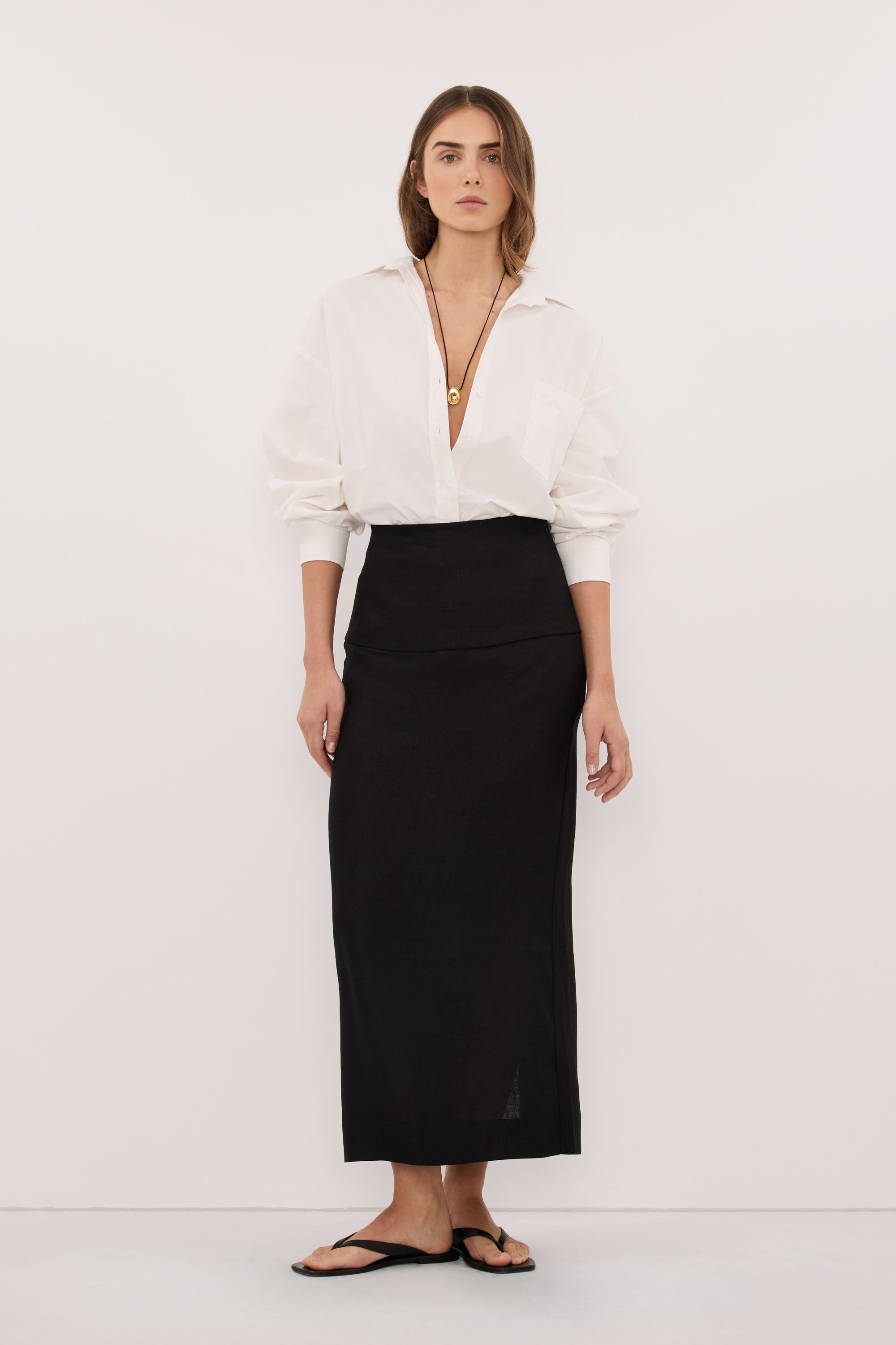 YARA BLACK LINEN FOLDOVER MIDI SKIRT
