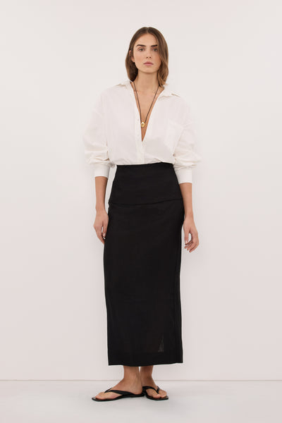 Stas wearing YARA BLACK LINEN FOLDOVER MIDI SKIRT