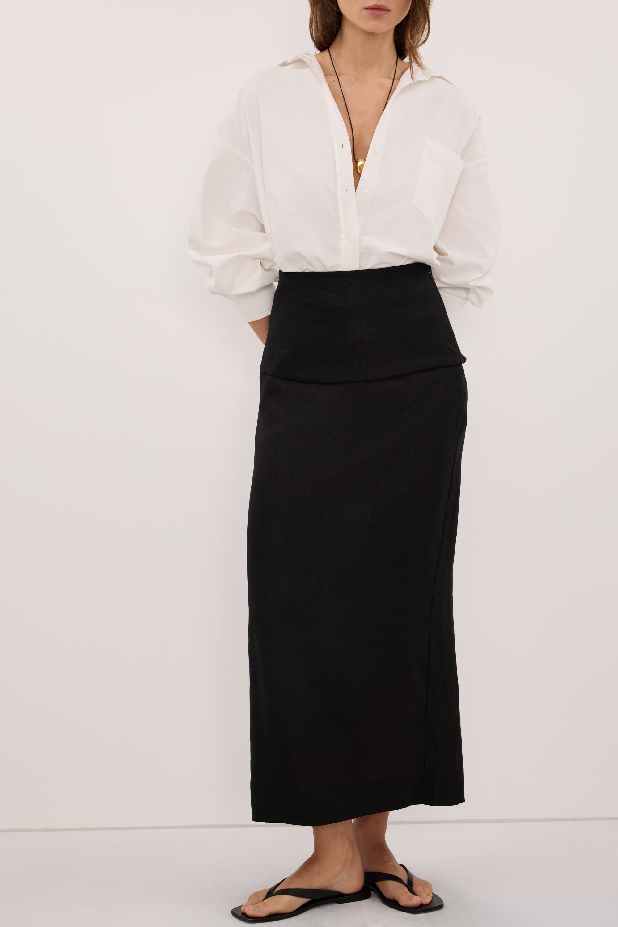 YARA BLACK LINEN FOLDOVER MIDI SKIRT