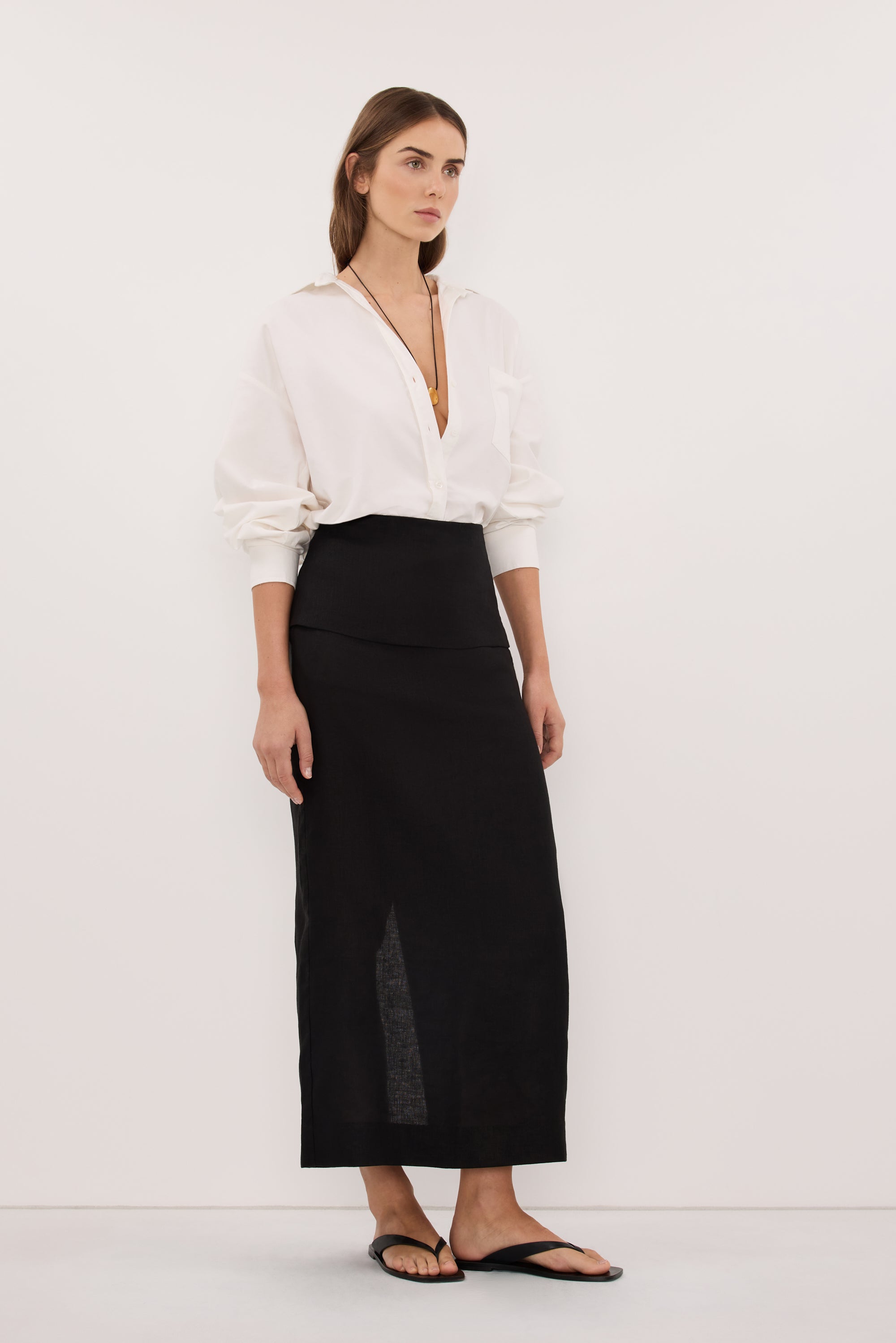YARA BLACK LINEN FOLDOVER MIDI SKIRT