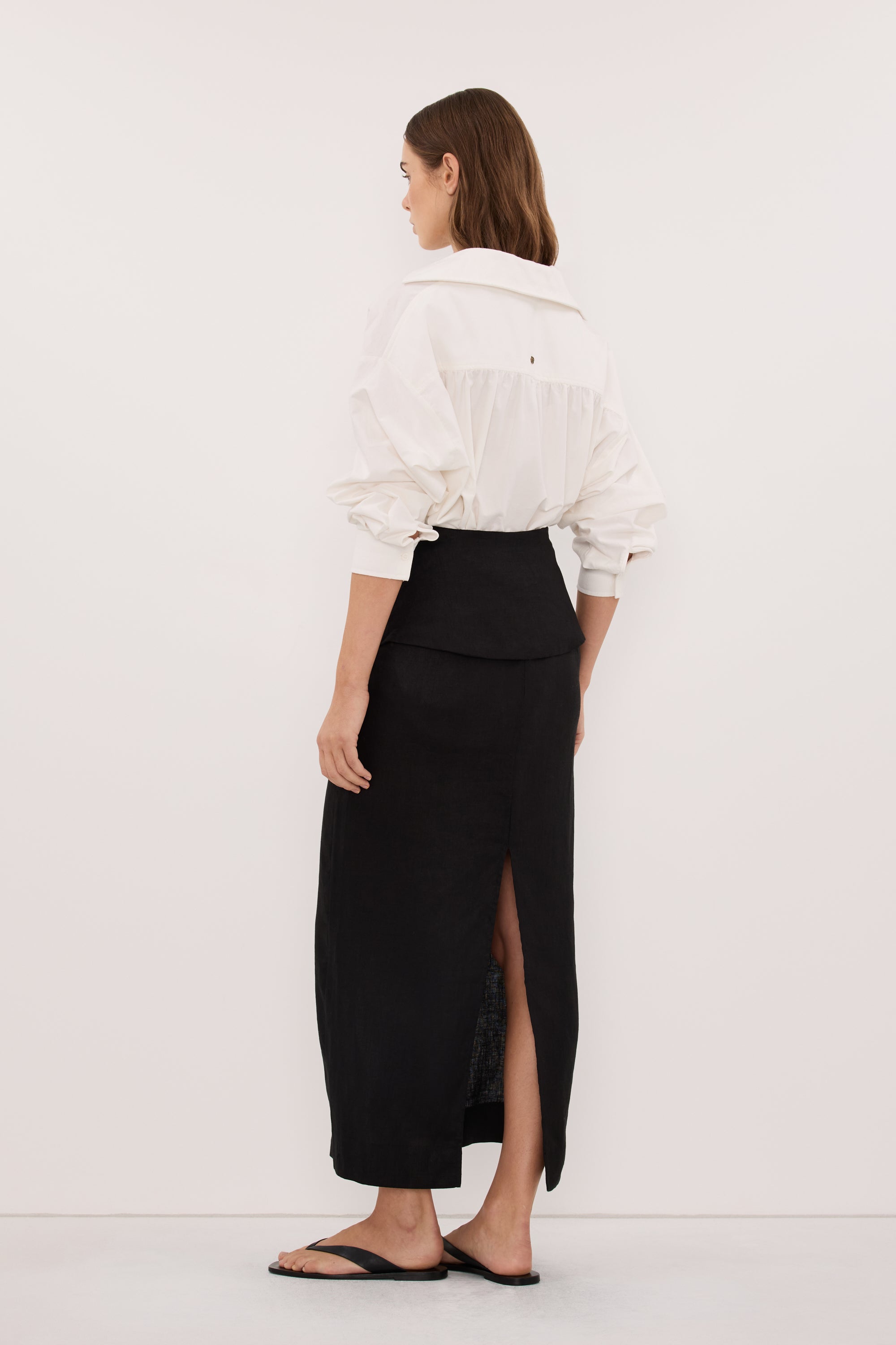 YARA BLACK LINEN FOLDOVER MIDI SKIRT