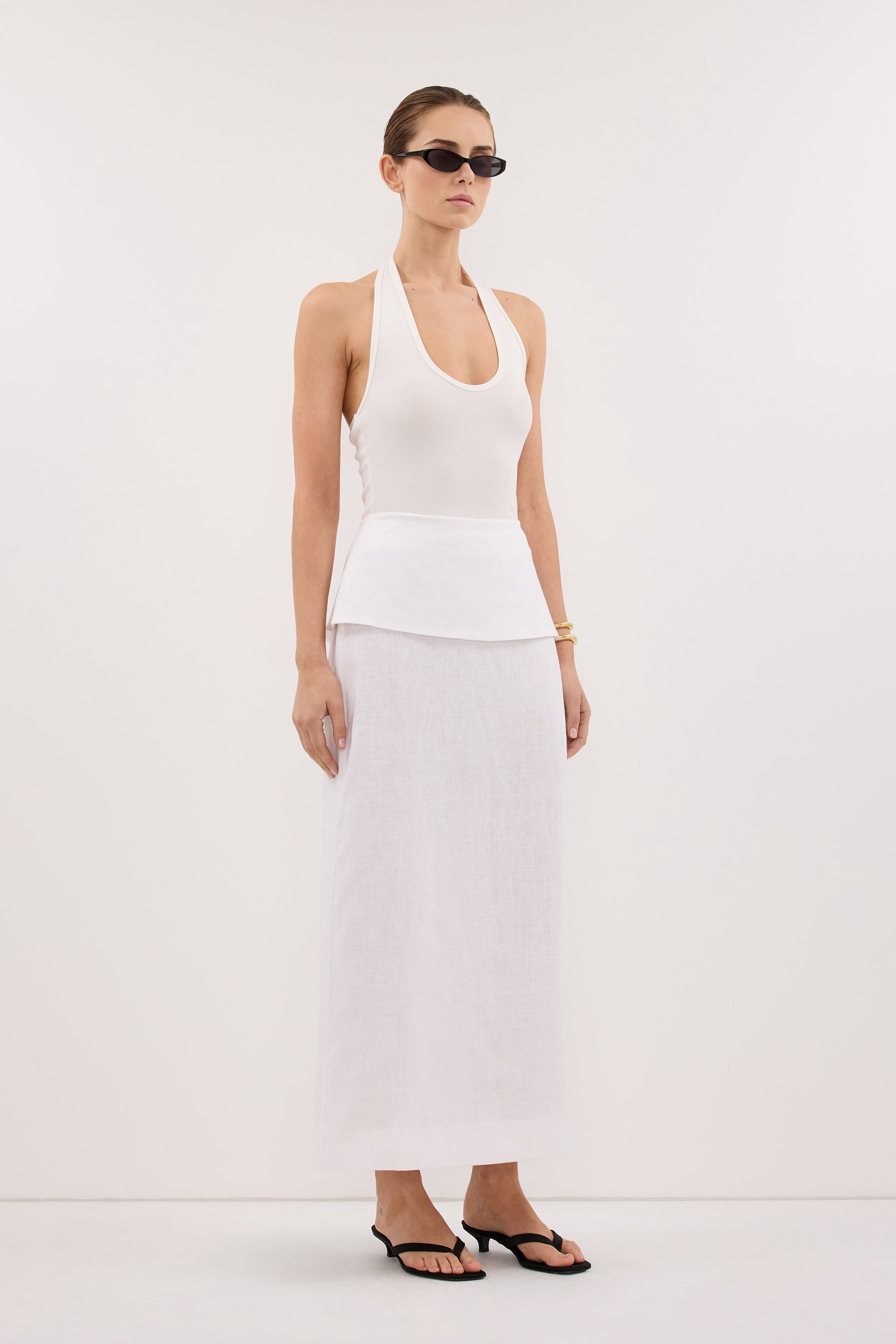 YARA WHITE LINEN FOLDOVER MIDI SKIRT