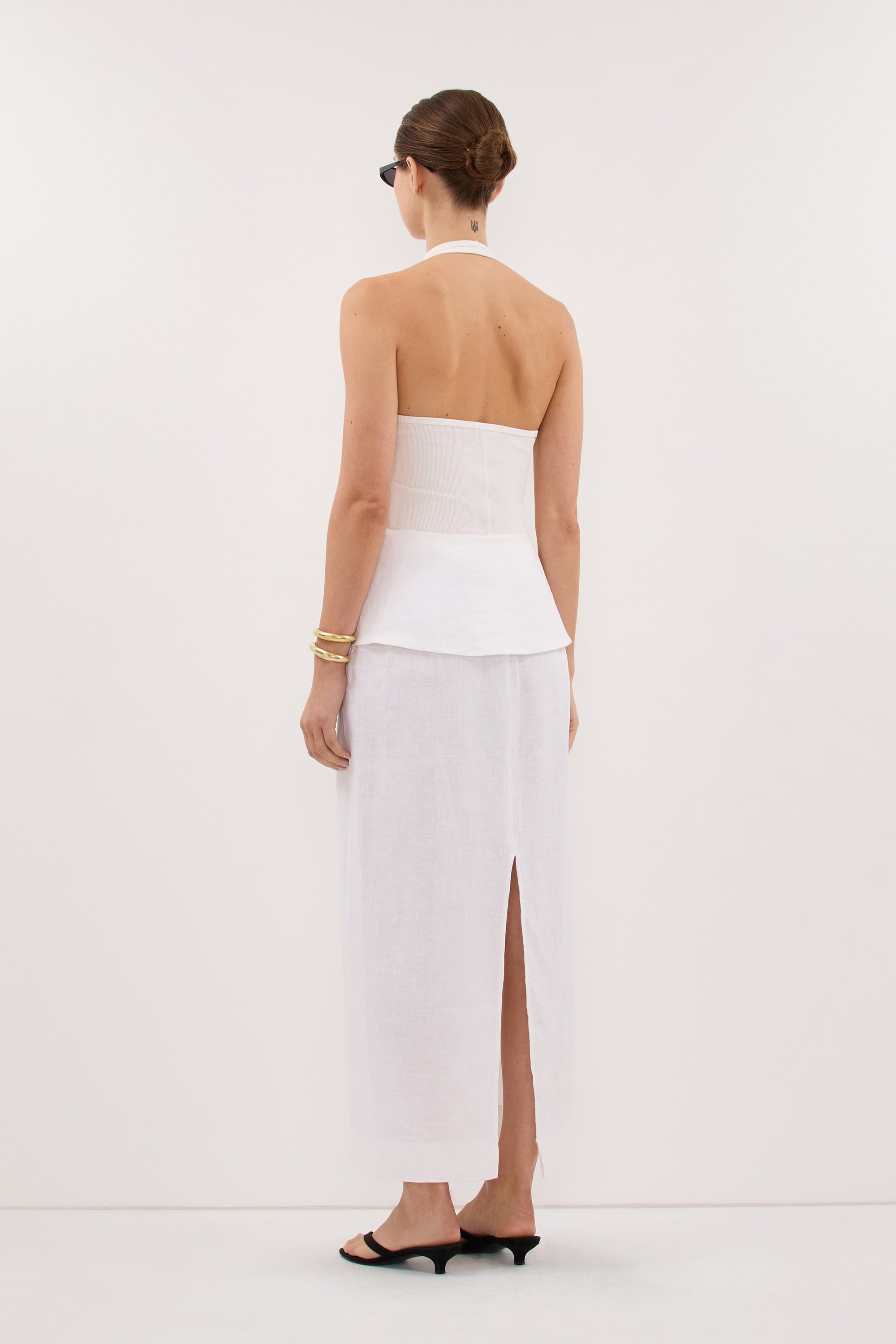 YARA WHITE LINEN FOLDOVER MIDI SKIRT