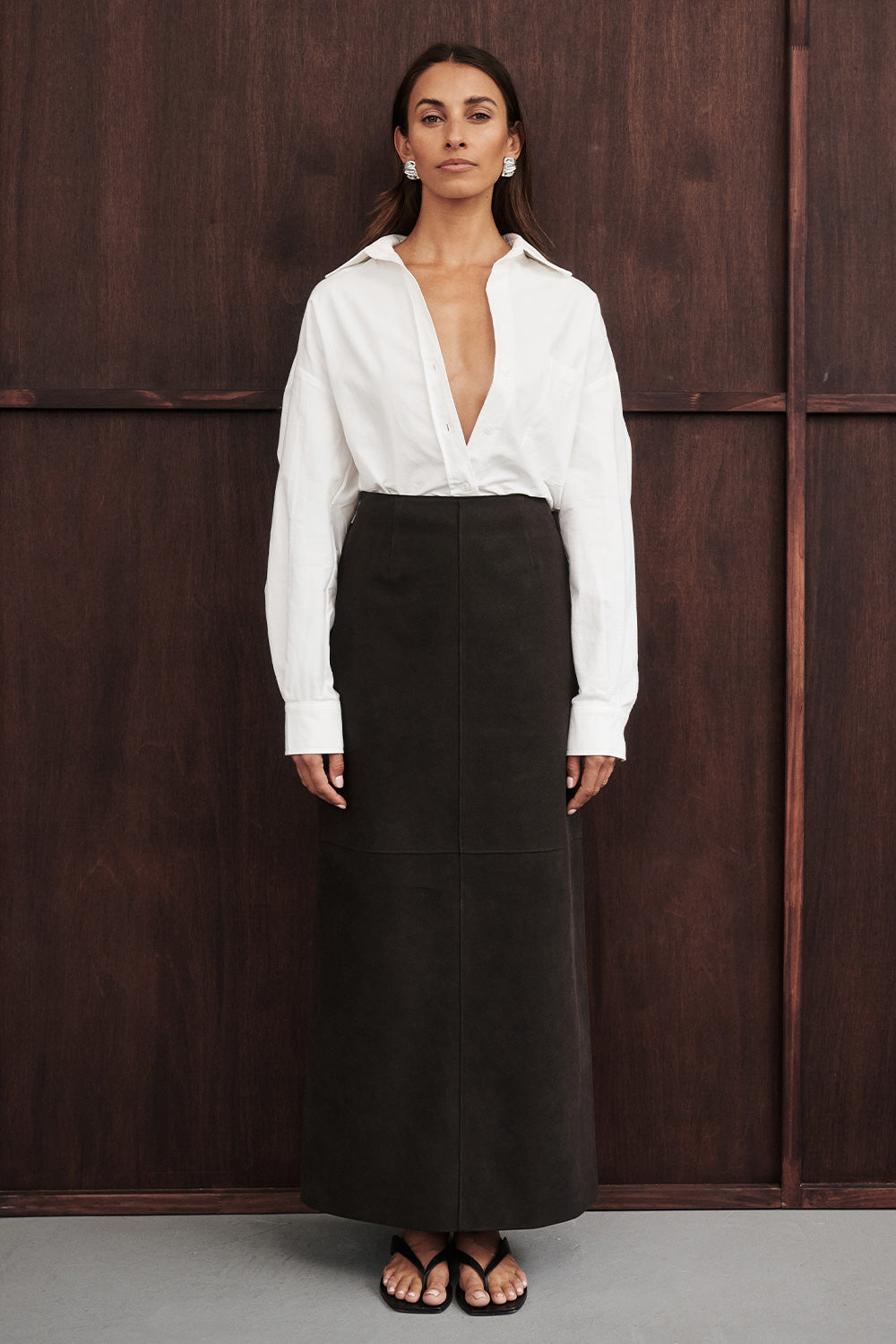 OTIS BITTER CHOC FAUX LEATHER MIDI SKIRT