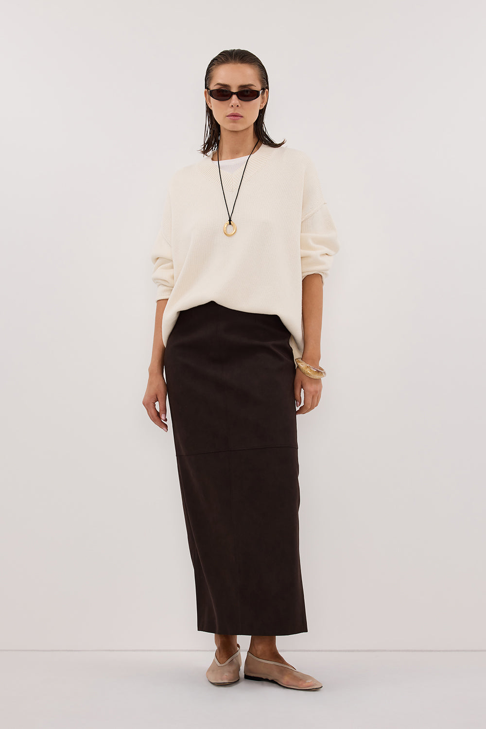 OTIS BITTER CHOC FAUX LEATHER MIDI SKIRT