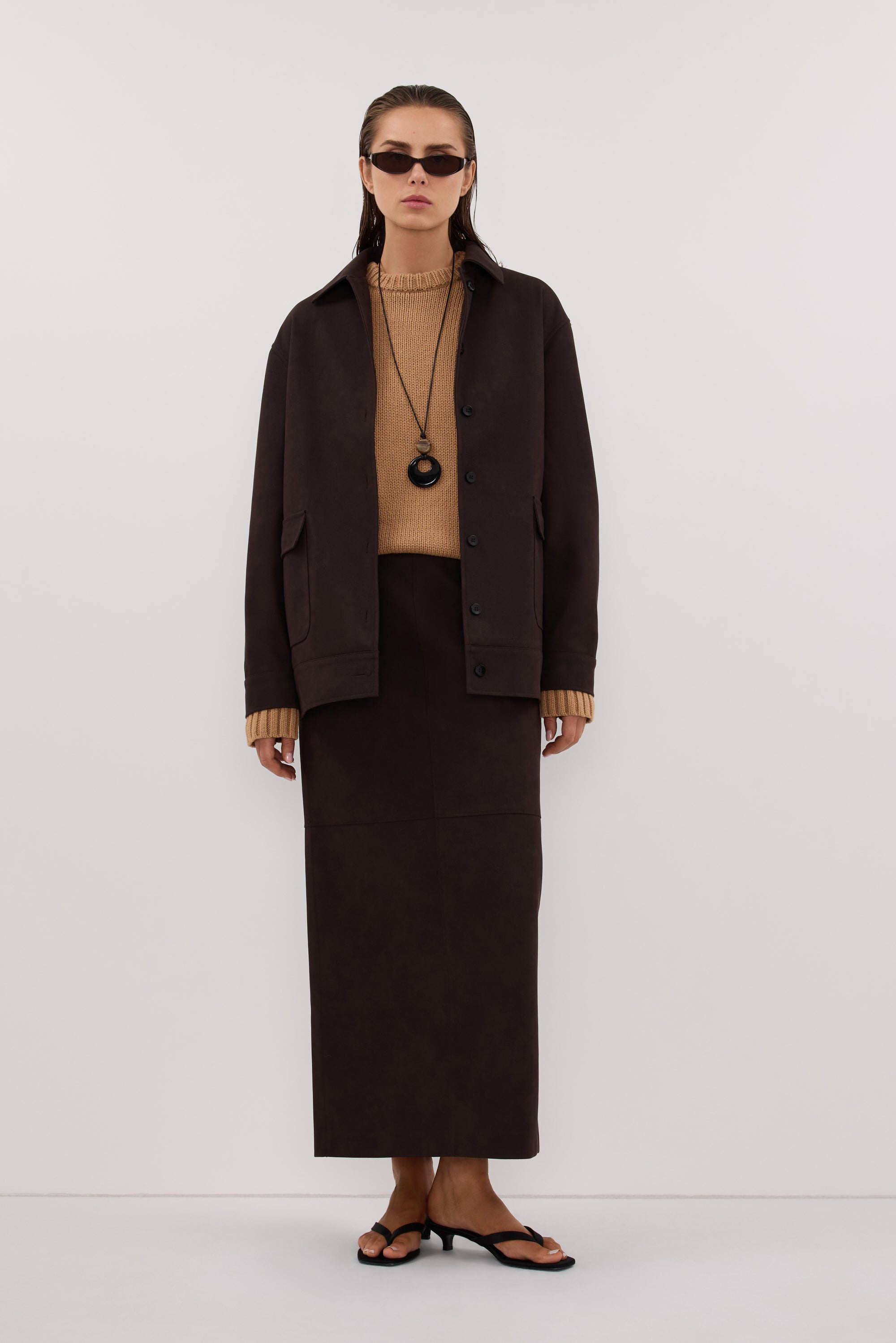 OTIS BITTER CHOC FAUX LEATHER MIDI SKIRT