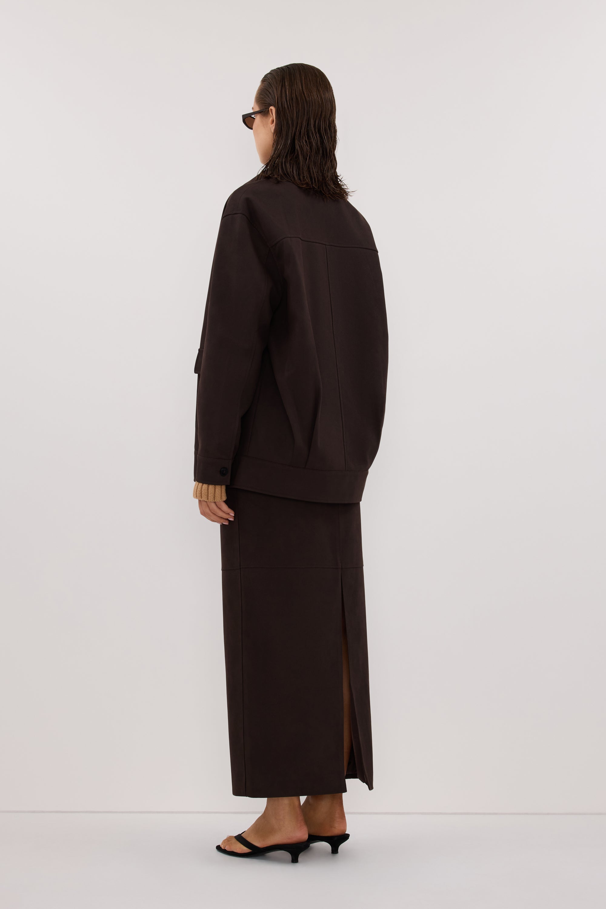 OTIS BITTER CHOC FAUX LEATHER MIDI SKIRT