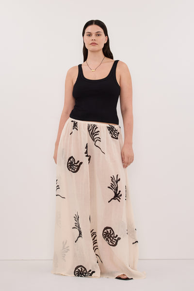 Jasmine wearing POSITANO SANDSTONE RAMIE MIDI SKIRT