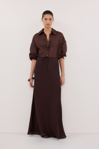 Aude wearing MAISON BURNT CHOC RAMIE BIAS MAXI SKIRT