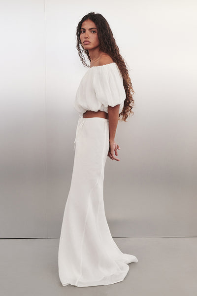 Keilani wearing MAISON WHITE RAMIE BIAS MAXI SKIRT