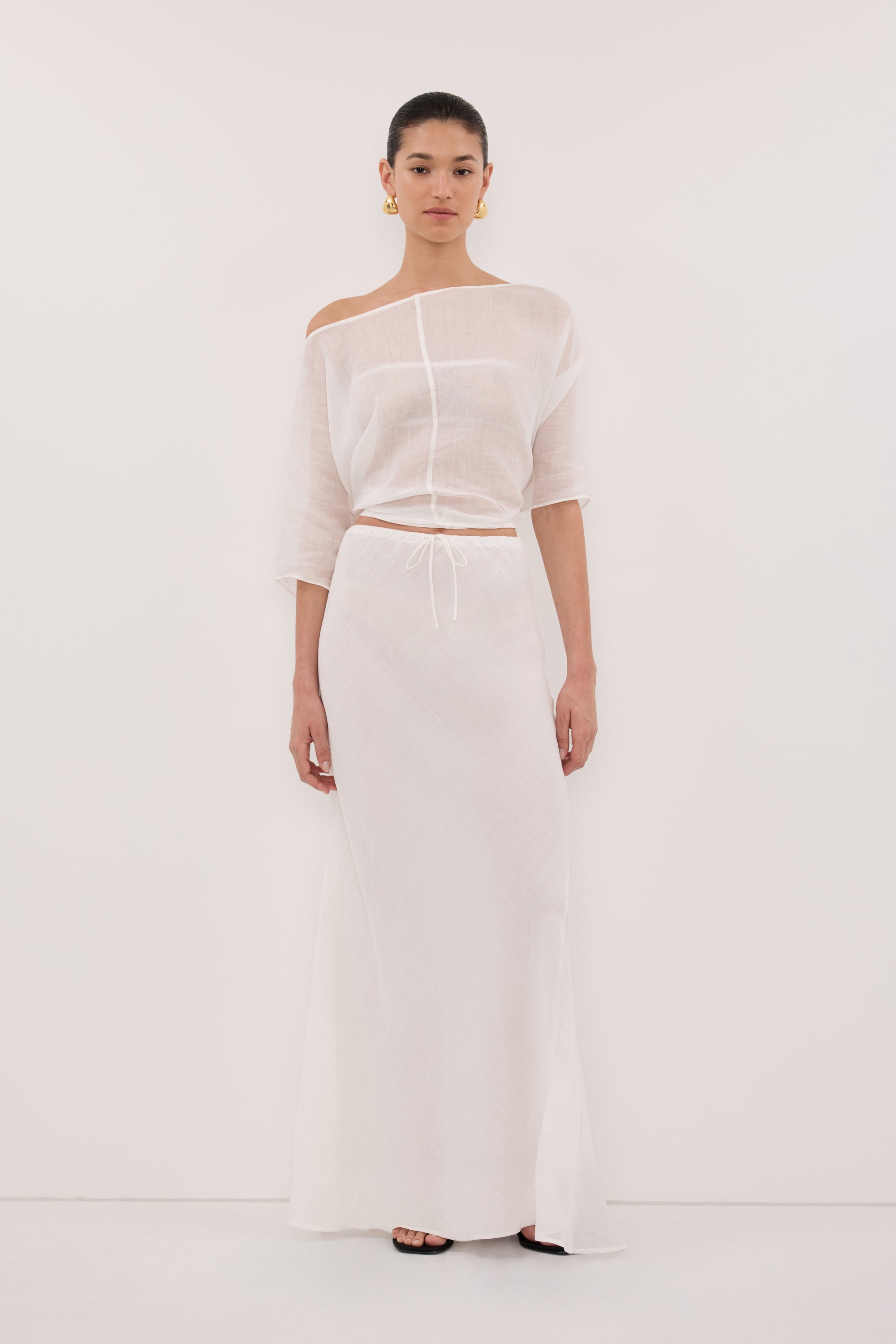 Maison Ramie Bias Maxi Skirt in White By DISSH