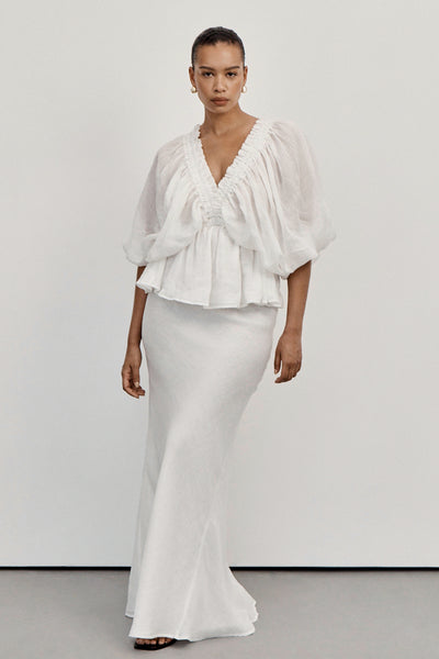 Shimma wearing MAISON WHITE RAMIE BIAS MAXI SKIRT