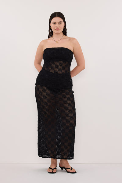 Jasmine wearing AGNES BLACK CROCHET COLUMN MIDI SKIRT