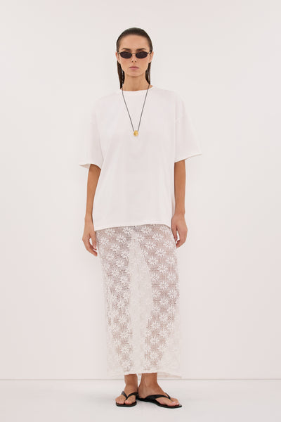 Stas wearing AGNES WHITE CROCHET COLUMN MIDI SKIRT