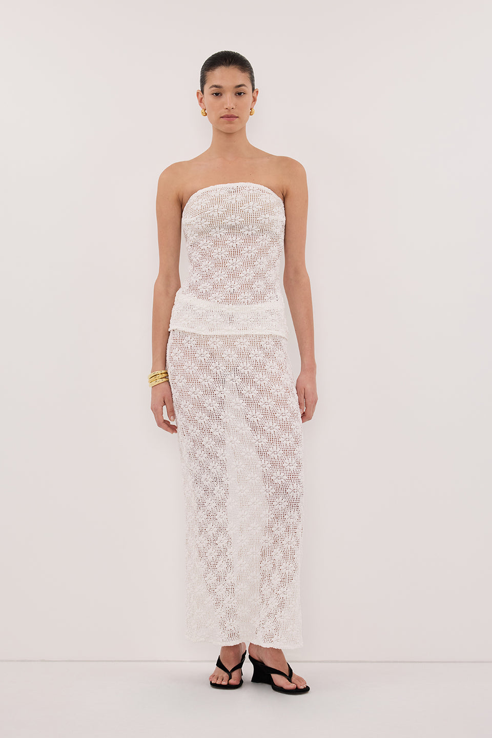 AGNES WHITE CROCHET COLUMN MIDI SKIRT