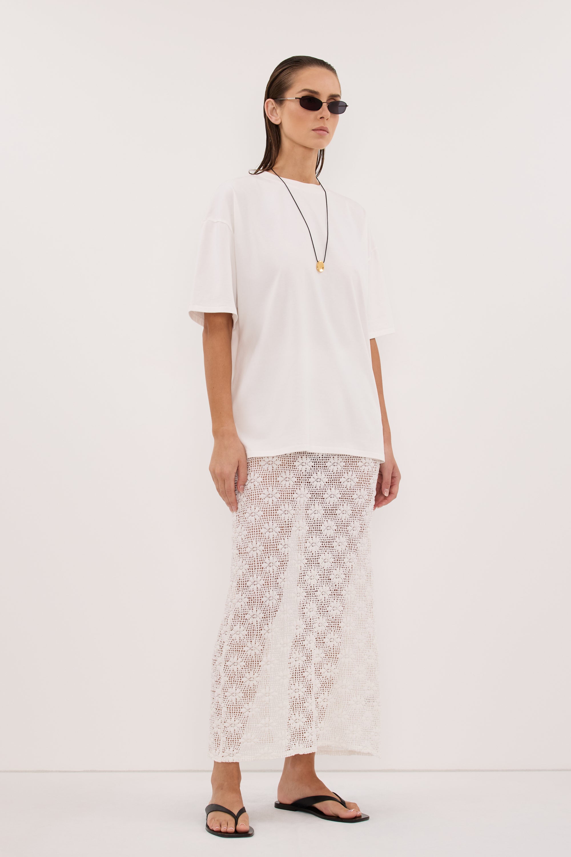 AGNES WHITE CROCHET COLUMN MIDI SKIRT