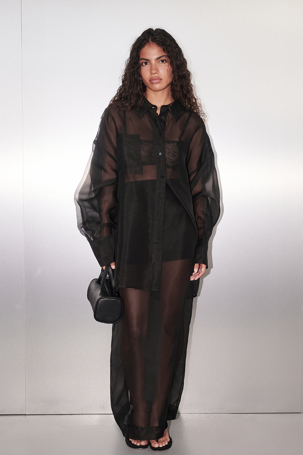 SIAN BLACK SILK ORGANZA MIDI SKIRT