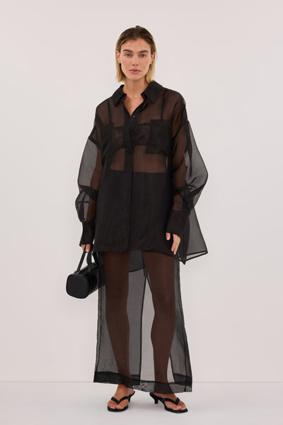 Joanna wearing SIAN BLACK SILK ORGANZA MIDI SKIRT