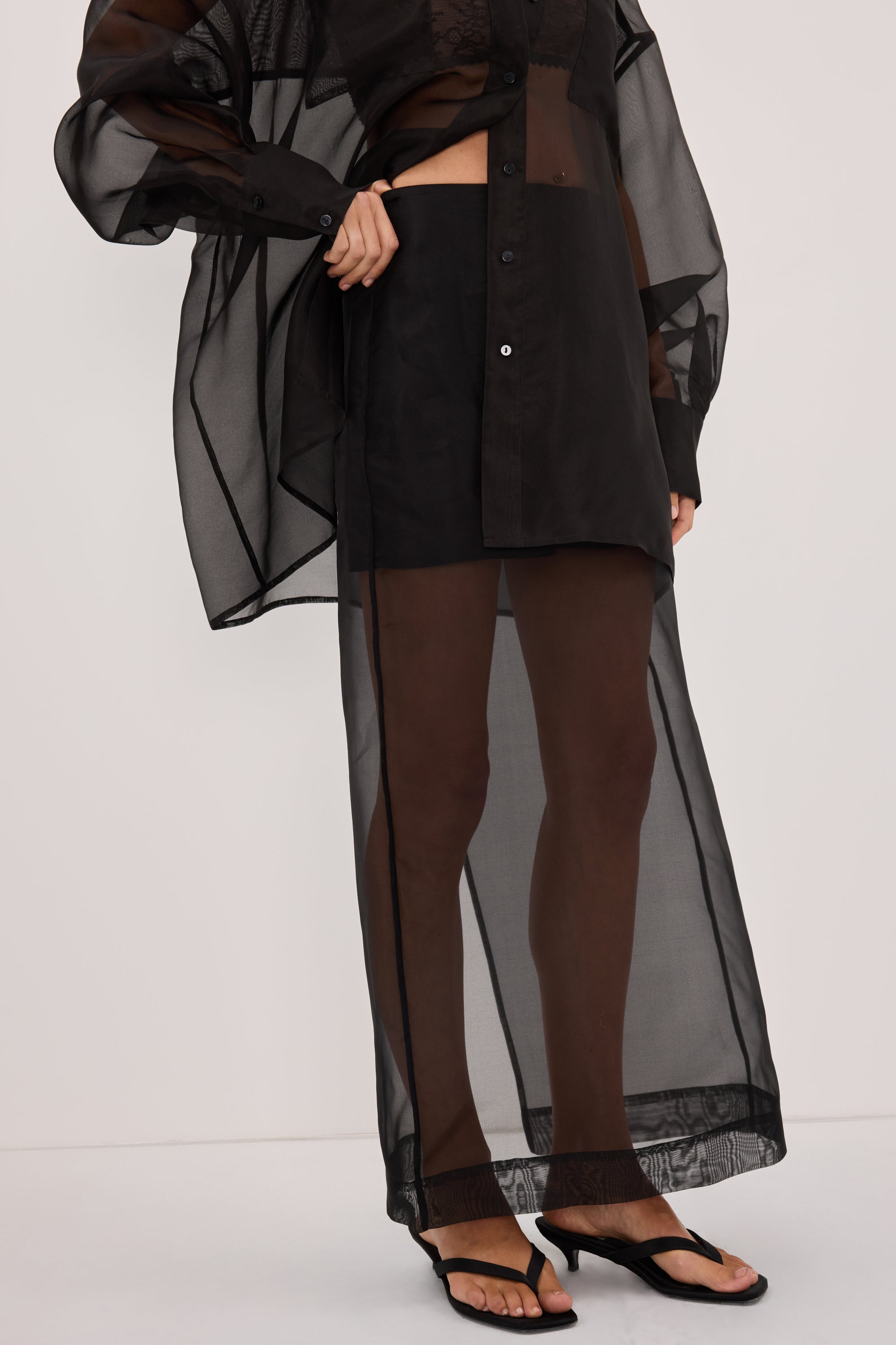 SIAN BLACK SILK ORGANZA MIDI SKIRT